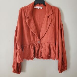 Free People Burnt Orange Single Button Peplum Fringe Oversized Blazer Size Med